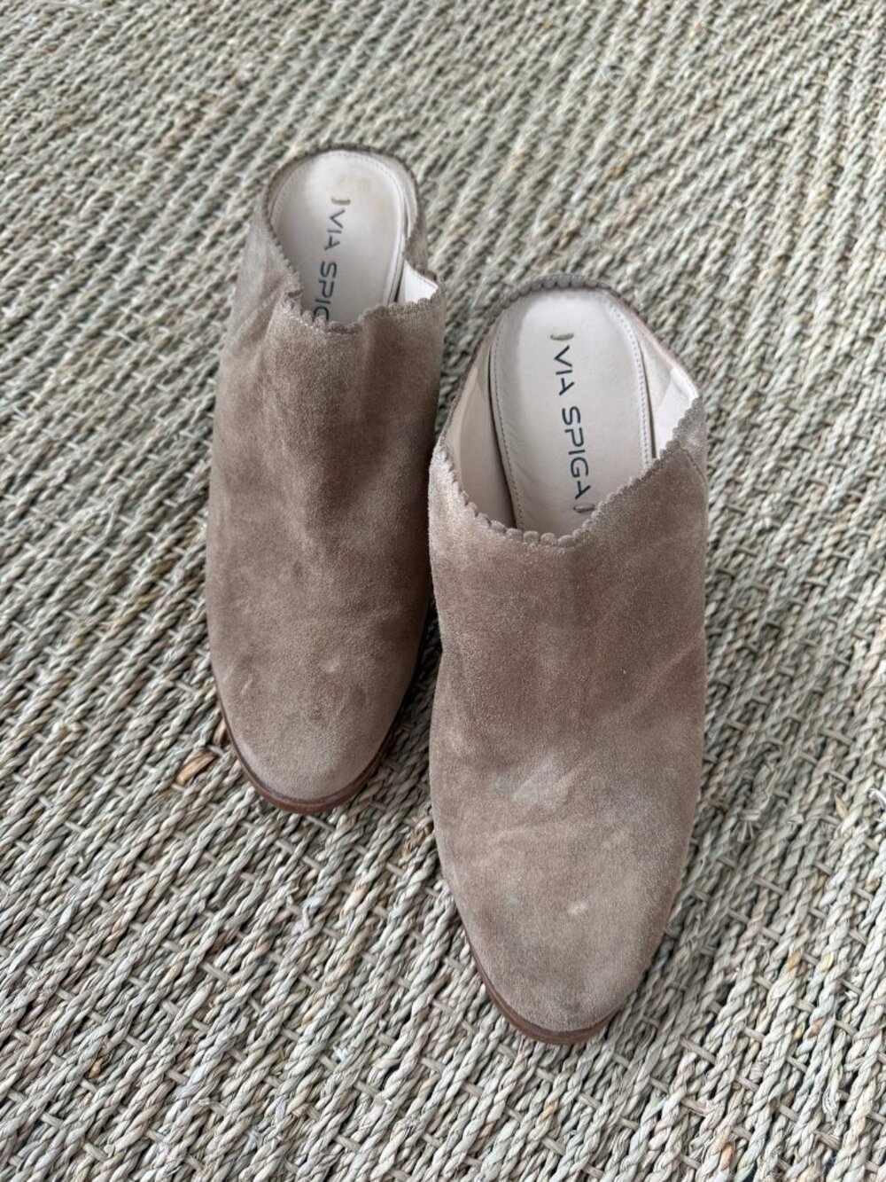 Via Spiga "Ureila" Scalloped Suede Mules — Taupe, 9M